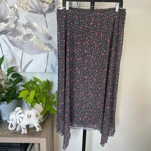 Midi Skirt 2XL Gray Floral Chiffon Asymmetrical Hem Boho Fairycore Coquette Y2K